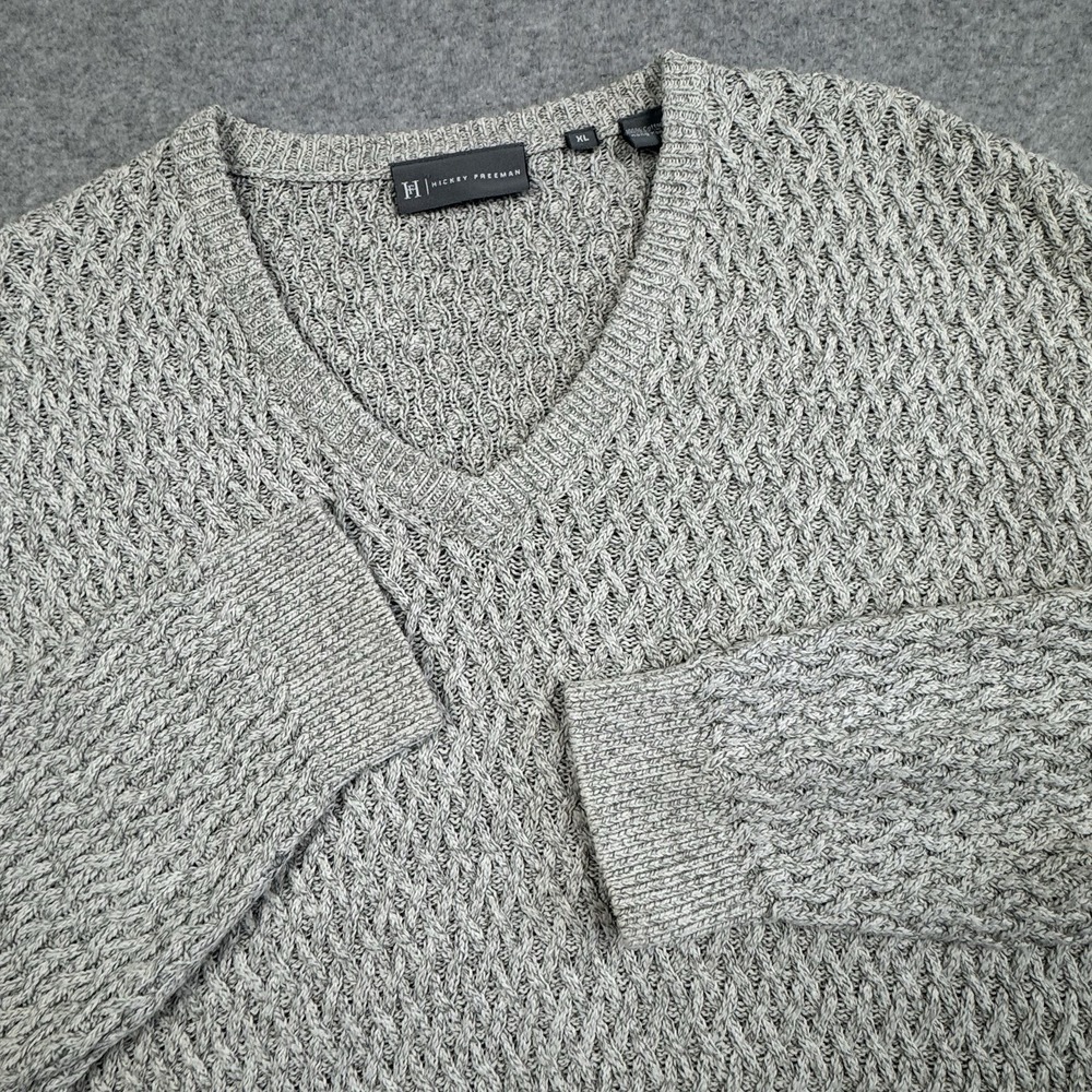 Hickey Freeman 3D Knit V Neck Sweater Mens XL Light Gray Cotton Casual Career‎